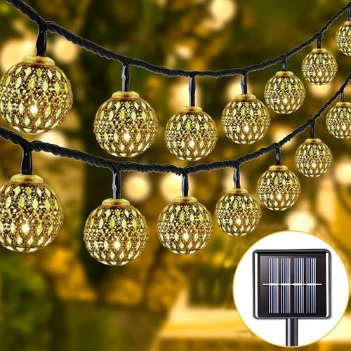 7M Kugel Led lichterkette Marokkanische,Solar Lichterkette Aussen,Silber Marokkanischen Orb Schnurlichter,Solarlampen,50LED 8 Modi IP65 Wasserdicht,für Garten,Balkon,Terrasse,Bäume,Hochzeiten,Partys