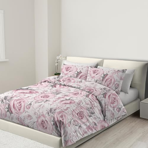 Banzaii Copripiumino Matrimoniale 260x240 cm con Cerniera e Lacci Angolari 100% Microfibra Manopesca, Set Copripiumino e 2 Federe con Zip 65x65 cm, Made in Italy, Giulia Rosa