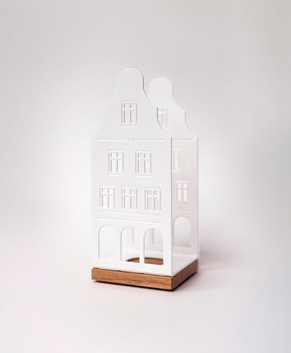 KAWENTSMANN Windlicht Metall & Holz Nobelstrehle Nr. 1 - Teelichthalter Haus-Motiv - Laterne - Kerzenständer - Kerzenhalter - Deko Windlichter - Tischdeko (RAL 9010 Reinweiß)