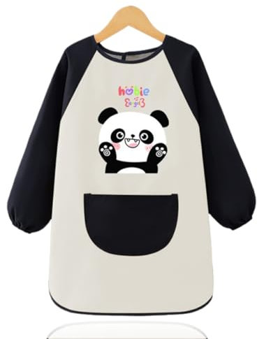 QOWIJEX Tablier pour Enfants, 3 à 8 ans, Noir, Panda, Polyester, Imperméable, Manches Longues, Poche, Peinture, Cuisine, Arts, Unisex