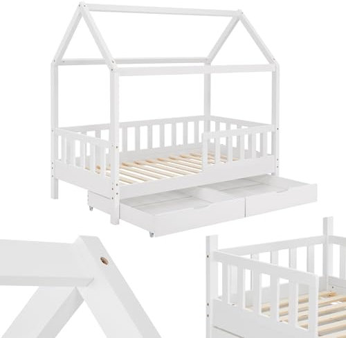Juskys Kinderbett Marli 80 x 160 cm mit Matratze, Bettkasten, Rausfallschutz, Lattenrost & Dach - Massivholz Hausbett für Kinder - Bett in Weiß