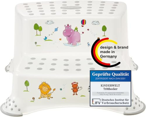 KiNDERWELT Premium zweistufiger Tritthocker für Kinder und Babys, Hippo Design in weiß, Tritthocker 2 Stufen für Kleinkinder ab 3 Jahren, abwischbar, rutschfest und BPA-frei