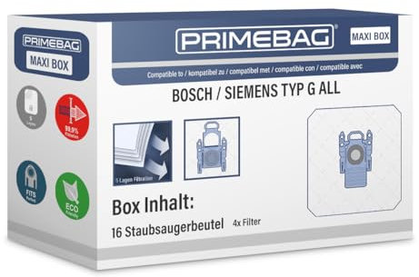 PRIMEBAG 16 Staubsaugerbeutel kompatibel mit Siemens G ALL VZ41FGALL / VZ16GALL Z 3.0 VS06 Q2.0 Q3.0 Q5.0 Q8.0 VSQ5 VSQ8 Z 2.0 Z 5.0 Z 7.0 synchropower - 5 Lagen Vlies, Staubverschluss inkl. Filter