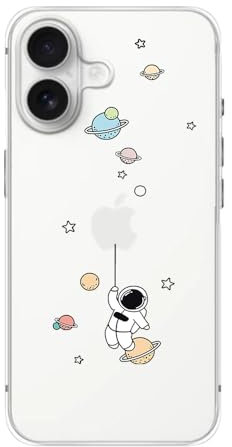 FancyCase Kompatibel mit iPhone 16 Hülle (6,1 Zoll)-Funny-Astronauten-Stil, Cartoon-Weltraum-Muster, flexible TPU-Schutzhülle (hängender Astronaut)
