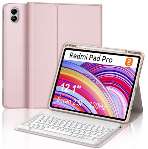 Xiaomi Redmi Pad Pro 12.1 Tastatur Hülle - Xiaomi Pad Poco 12.1 Zoll 2024,Magnetisch Abnehmbarer Tastatur mit QWERTZ Layout,Hülle mit Stifthalter für Xiaomi Pad Poco 12.1/ Redmi Pad Pro 12.1, Rosa