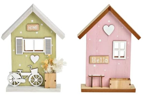 2 Aufsteller Haus aus Holz grün/rosa - Home/Hello, Saisonale Dekoration, Frühling/Sommer, EIN Paar dekorative Holzhäuser, Dekoobjekt Deko Fensterbank.
