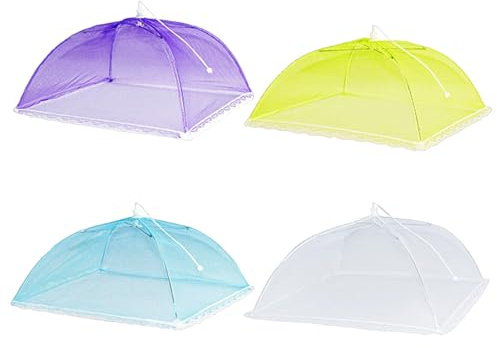 4 Pcs Pop-Up Food Covers, Reusable and Collapsible Food Net Cover Keep Out Flies Bugs Mosquitoes, Food Covers Mesh for Outdoors, Parties, Picnics, BBQ(White Yellow Blue and Purple)