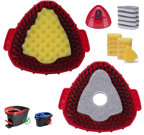 Wa.IE Jiemi 2 Pcs Spin Mop Replacements Scrub Brush and 1 Mop Base with 6 Pcs Scouring Pad Compatible with Cedar EasyWring 1 Tank System，Including 6Pcs Scouring Pad + 12Pcs Heavy Duty Scrub Sponge