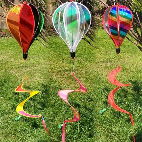 Nlqhyrexion 3 Heißluftballon Windspiele, Vogelschreck Vogelabwehr, Balkondekoration Wetterfest, Deko Hängend für Party, für Draußen Innen, Windrad Windmühle Garten, Windsack Pailletten Twister