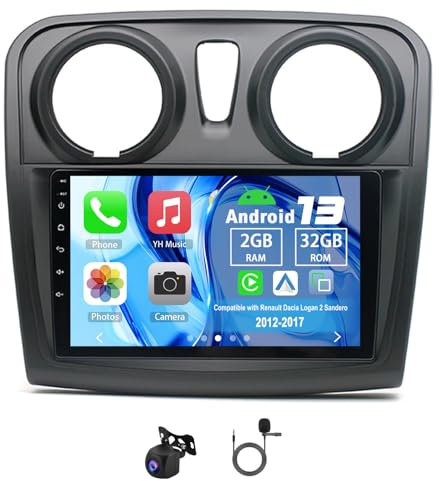 Slakerbe Android 13 Autoradio 2 Din mit Carplay Android Auto kompatibel mit Renault Dacia Logan 2 Sandero 2012-2017, 2G+32G 9 Zoll Auto Radio Stereo mit Bluetooth Navi WiFi FM RDS Rückfahrkamera Mic
