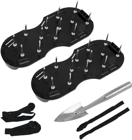 Arieggiatore Prato Scarpe Chiodate, Arieggiatore per Prato Manuale, Scarpe per Arieggiare Il Prato, Sandalo Aeratore Scarpe per areazione Prato e Giardino, con Pala, con Strap Regolabile, Nero