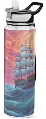 Fuauuyl Ship in Ocean Water Bottle with Straw Lid, 32oz Large Leakproof & BPA Free Tritan Drinking Bottle for Sports, Gym, Travel