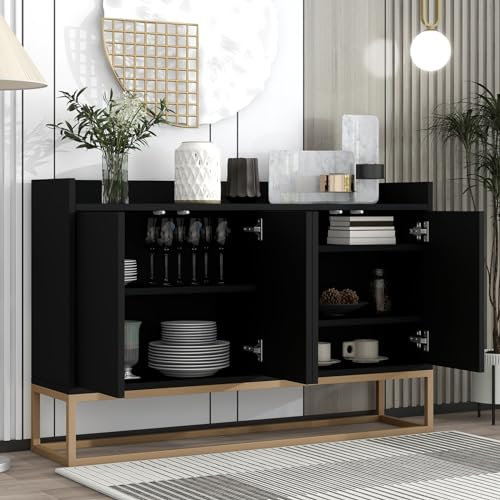 SUNFECILI Aparador de 120 × 30 × 80 cm, con armario de cocina de 4 puertas con estantes ajustables, para cocina, salón y comedor (negro)