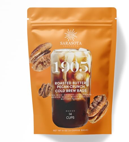Sarasota Coffee 1905 Cold Brew Coffee Bags | Roasted Butter Pecan Crunch | Blonde-Medium Roast | Low Acid & Smooth | Ground Filter Packs | Cold Brew Kit Makes 14 Cups | Rich Nutty Notes
