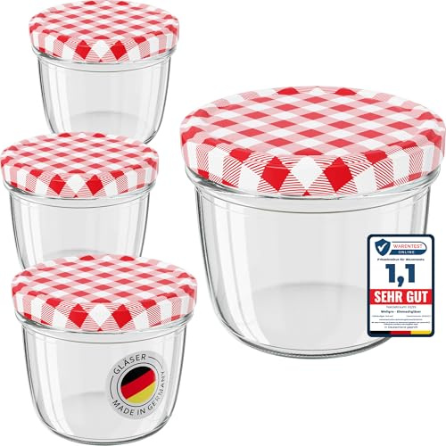 WELLGRO 24x Einmachgläser mit Schraubdeckel TO 82-230ml - rot kariert - Made in Germany - Luftdichte Rundgläser ideal zum Einkochen und Aufbewahren