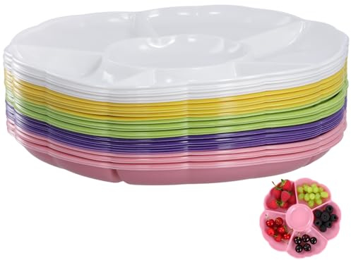 PINGEUI 30 Pack Snack Serving Tray, 12 Inch Serving Platter with 6 Sections, Reusable Plastic Snack Plate for Snacks Fruit Candies Dessert Nibbles Nuts, 5 Colours