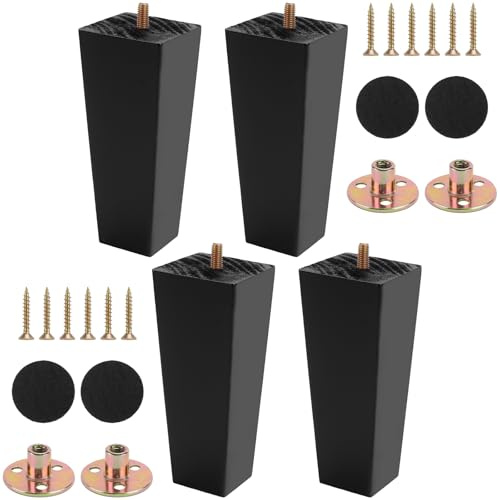 TAICHEUT Lot de 4 pieds de meubles en bois massif de 15 cm avec patins antidérapants, plaques de montage, vis, pieds de rechange noirs pour canapé, chaise, lit, meuble TV, table basse