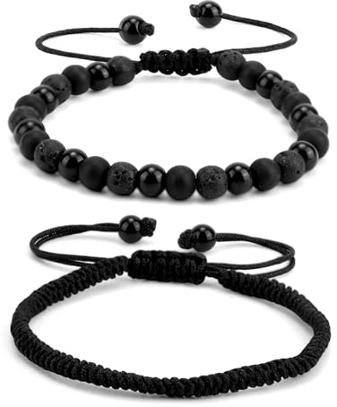 Mikovivi 2pcs Men Bead Bracelet, Black Onyx Obsidian Volcanic Lava Rock Natural Beaded Style and Braided Stone Rope Style Bracelets for Men