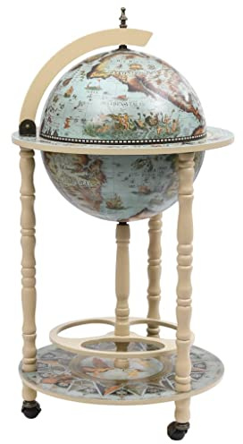 Mokuyary Wine Stand Globe Bar Wine Stand Wooden Drink Cabinet Liquor Storage Unit Kitchen Mini Pub Globe Eucalyptus Wood Blue and White