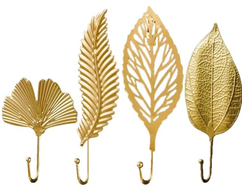 KARLOR Golden Wall Hooks Set, 4 Pieces Wall Hooks for Screwing Leaf Design, Metal Coat Hooks, Vintage Coat Hooks, Ginkgo Biloba Leaves Wall Holder for Hallway, Bathroom, Kitchen, 11-21 cm Length