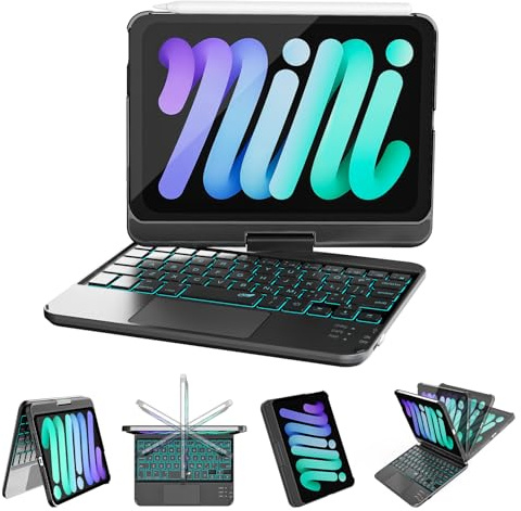 RAYMCRAFT Custodia per iPad mini 7 (A17 Pro, 2024) e Mini 6 (2021) con tastiera, tastiera retroilluminata a 7 colori con trackpad, Sleep/Waking automatico, custodia girevole a 360° per iPad mini 7th