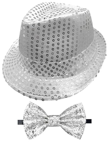 GYIOFAI 2 Stücke Hut Fedora, Hut mit Pailletten, Pailletten-Fliege für Herren, Schmale Smoking Fliege Schleife mit Haken, Verstellbare Bow Tie, Disco Outfit für Hochzeit Party, Karneval, Fasching