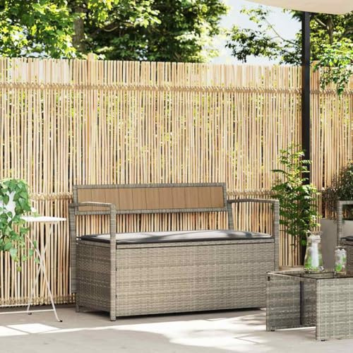 Teenpull Gartenbank mit Stauraum und Kissen, Hellgrau Poly Rattan, 111,5 cm breit, wetterfest für Garten, Terrasse, Balkon, Außenbereich, Bequeme Sitzbank