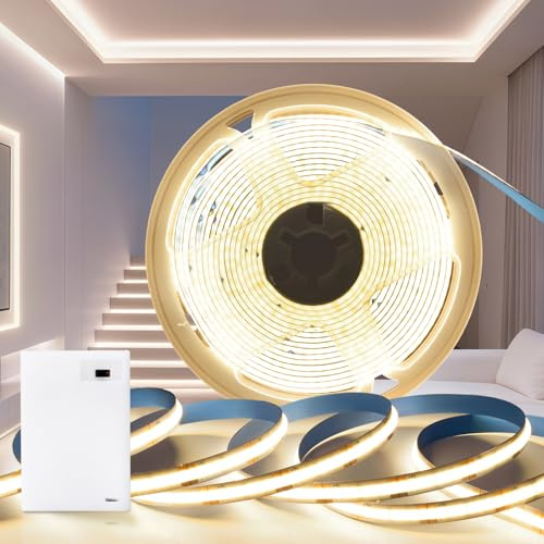 PERVADEO COB Led Light Battery Powered 1M 5V Battery LED Strip Tape Light Warm White 3000K Self Adhesive Flexible Uniform Dotless Cuttable 320LEDs/M for Bedroom Mirror Cabinet Patio Decor