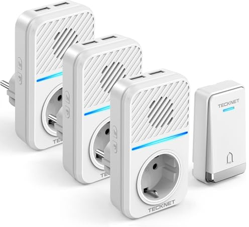 TECKNET Funkklingel Batterielose mit 3 Steckdosen und 6 USB Anschlüsse | IP65 wasserdicht außen, 400M Reichweite, 60 Klingeltöne, 5 Tonstufen, LED-Blitz, 4 USB-Ports, kein Batteriewechsel