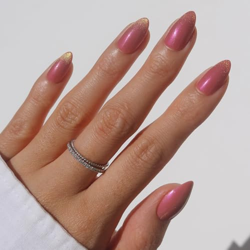 Glamnetic Press On Nails - Starbeam | Short Almond Fake Nails in Dusty Rose with Yellow Velvet Effect, Salon Quality | 15 Sizes - 30 Nail Kit with Glue