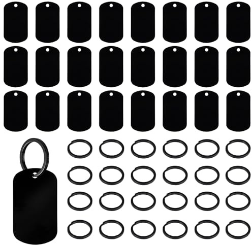25 Piezas Etiquetas en Blanco de Aluminio, 5x3cm Placa Perro Personalizada | Negro Etiquetas Rectangulares de Aluminio, con Llaveros, para DIY Manualidades, Collares, Joyas, Colgantes