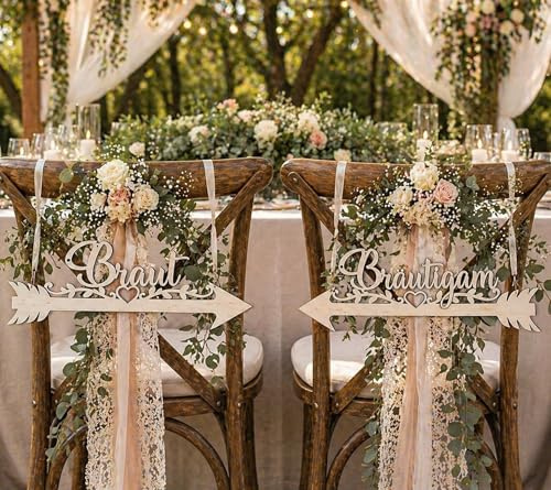 2er Set Stuhlschilder Hochzeit – Braut & Bräutigam aus Holz – Mr & Mrs aus Holz –Stuhl Dekoration für Hochzeitsstühle – Hochzeitsdeko, Foto Requisiten, Dekoration für Trauung & Feier (Pfeile)