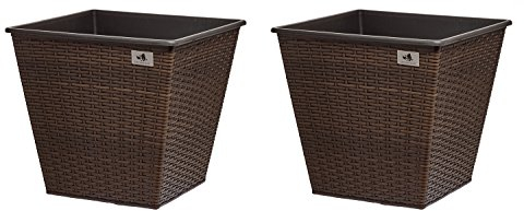 Gartenfreude 2 Stück 61 Liter Pflanzkübel Pflanzgefäße Blumenkübel Blumentopf für Blumen etc. aus Polyrattan 41,5 x 41,5 x 38 cm, wasserdichter Kunststofftopf, bicolour braun
