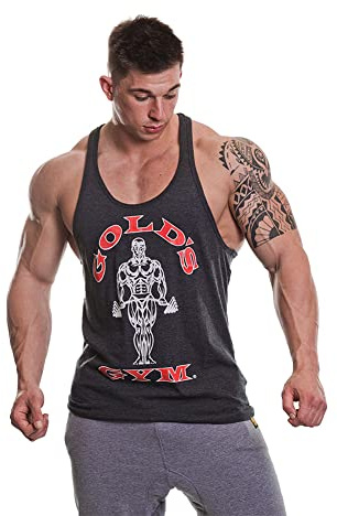 Golds Gym GGVST003 Mens Workout Premium Training Muscle Joe Sports Fitness Gym Stringer Vest Sports Top T-Shirt, Charcoal Marl, M