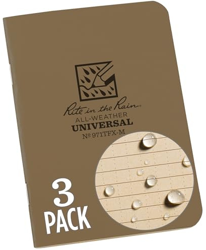 Rite in the Rain Weatherproof Mini-Stapled Notebook, 3 1/4 x 4 5/8, Tan Cover, Universal Pattern, 3 Pack (No. 971TFX-M)