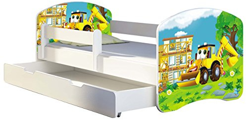 ACMA Kinderbett 140x70 Jugendbett mit Einer Schublade und Matratze, Rausfallschutz, Lattenrost Weiß, stabil, Kinderzimmer Bett, Jugendmöbel Design 20 Bagger