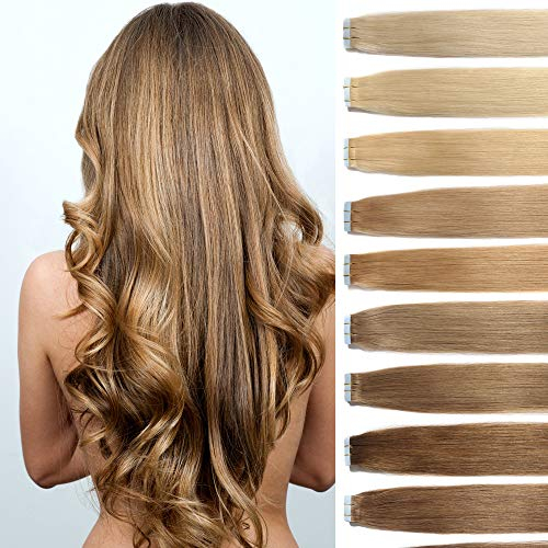 Tape Extensions Echthaar Haarverlängerung 60cm Tape In Haare mit Klebeband 10 Tressen x 4 cm breit und 2,5g Gewicht pro Tresse Farbe #27 Honigblond