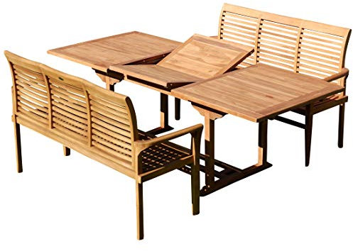ALEOS. Teak Set: Gartengarnitur SABA Ausziehtisch 150-210 cm x 90 cm + 2 Bänke 150cm Holz Serie JAV