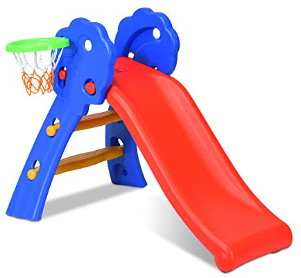 Maxmass Folding Kids Slide, Freestanding First Slide with Basketball Hoop and Humanized Handrails, Children Play Climber Slider for Indoor Outdoor (HDPE with Basketball Hoop)