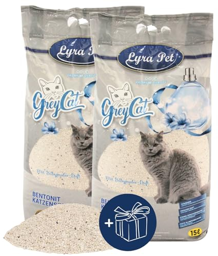 Lyra Pet® | 30 Liter Grey Cat Katzenstreu + Geschenk | Mit Aktivkohle | Mit Babypuder Duft | Feines Klumpstreu | 350% Saugkraft | Naturprodukt aus Bentonit | Neutralisiert Gerüche | Staubarm