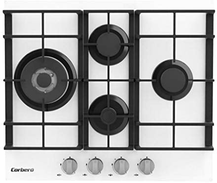 Corbero - Encimera Cristalgas | CPCGM4F4022W | Potencia 8,8 Kw | 4 Fuegos | Gas Butano | Autoencendido | Zona Wok | Parrilla Hierro Fundido | Válvula Seguridad, Blanco, 60 cm, Hierro Fundido