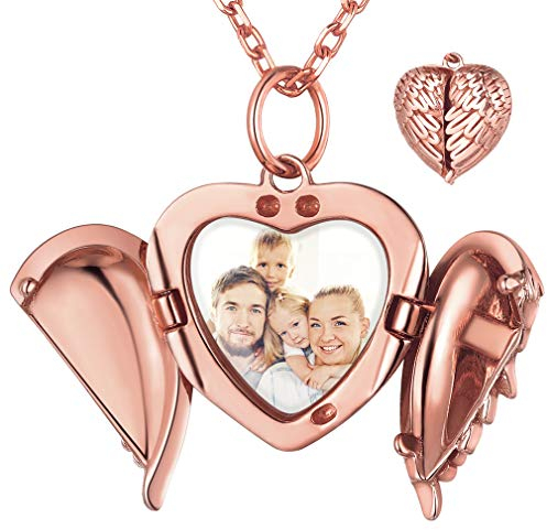 FaithHeart Rosegold Foto Halter Amulett Schmuck Herz Flügel Medaillon Halskette mit Geschenkebox für Damen mädchen