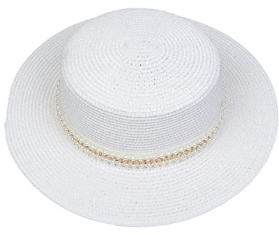 Xiang Ru Chapeau Panama Large Bord Anti Soleil Capeline Eté avec Ruban de Perles Chic Blanc