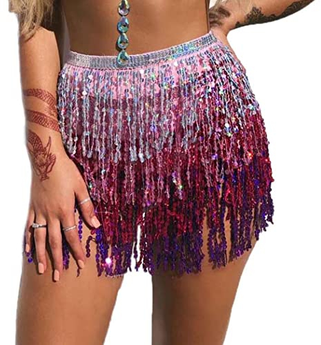 Zookey Pailletten Quaste Rock Silber Bauchtanz Rock Rave Fransen Hüfttuch Kostüm Tanz Mini Wickelröcke für Frauen und Mädchen (Lila-s)