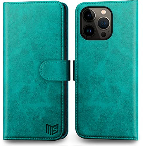 SUANPOT for iPhone 14 Pro Max 6.7Genuine Leather Wallet case【RFID Blocking】【4 Credit Card Holder】【Real Leather】Flip Folio Book Protective Cover Women Men for Apple 14 ProMax 5G Phone case Blue Green