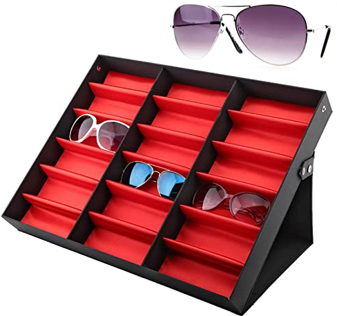 Brillenbox für 18 Brillen, Aufbewahrung Sonnenbrillen Zusammenklappbar und Multifunktional Brillendisplay Brillenständer für Brillen, Schmuck, Uhren Usw(47 x 37 x 6 cm)