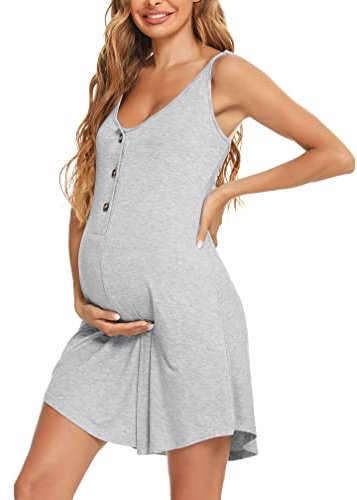 Aseniza Camicia da Notte Premaman Cotone, Pigiama maternità con Funzione Allattamento Camicie da Notte Parto Ospedale con Scollo A V,Grigio,M