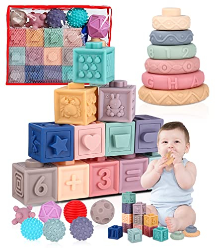 Montessori (25 pièces) pour Enfants 6 Mois et Plus, Cube Balle Sensoriels Souples a Empiler, Anneaux d'empilage, Jeux Eveil, Jouet de Bain et Dentition pour 6-12 Mois, Jouet Bebe 6 Mois