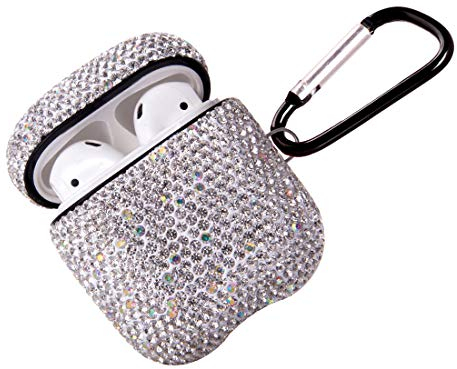 Custodia scintillante per AirPods con portachiavi, protettiva antiurto con strass, compatibile con custodia di ricarica AirPods 2 e 1 (bianco AB)