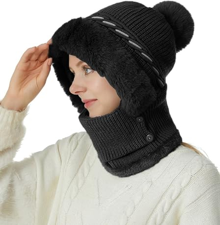 crazy bean Wintermütze Strickmütze Nackenwärmer Winter Stricken Mütze Damen Gesichtsabdeckung Warme Kopfhaube Outdoor (Schwarz)